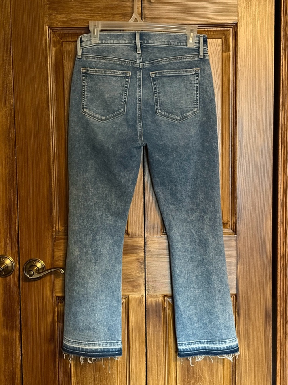 Loft High-Rise Raw Hem Flare leg Blue Jeans in Washed Indigo - Picture 2 of 8